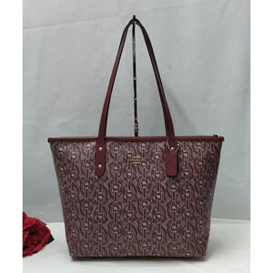 Coach City Burgundy Leather Chain Print Double Handles Tote Bag